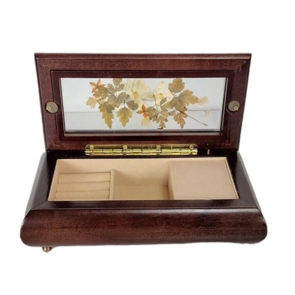 Vintage Wood Botanical Pressed Flower Glass Footed Musical Trinket Jewelry Box